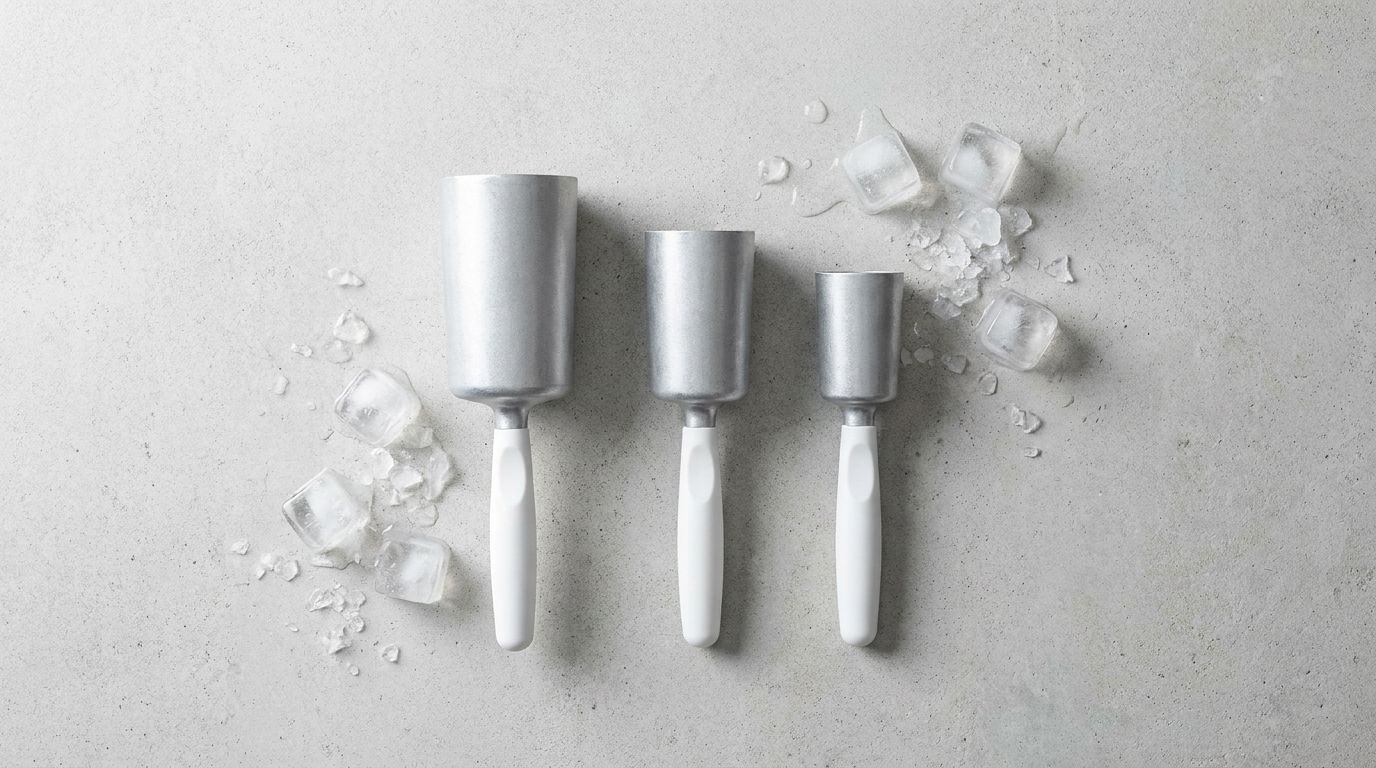 Drie ijsscheppen in verschillende maten, aluminium en kunststof, met losse ijsblokjes