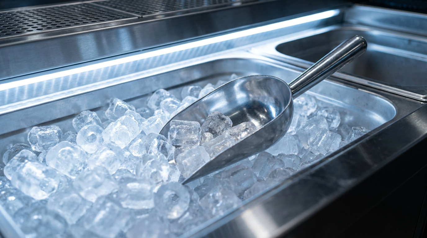 Aluminium ijsschep in een bak met heldere ijsblokjes achter de bar