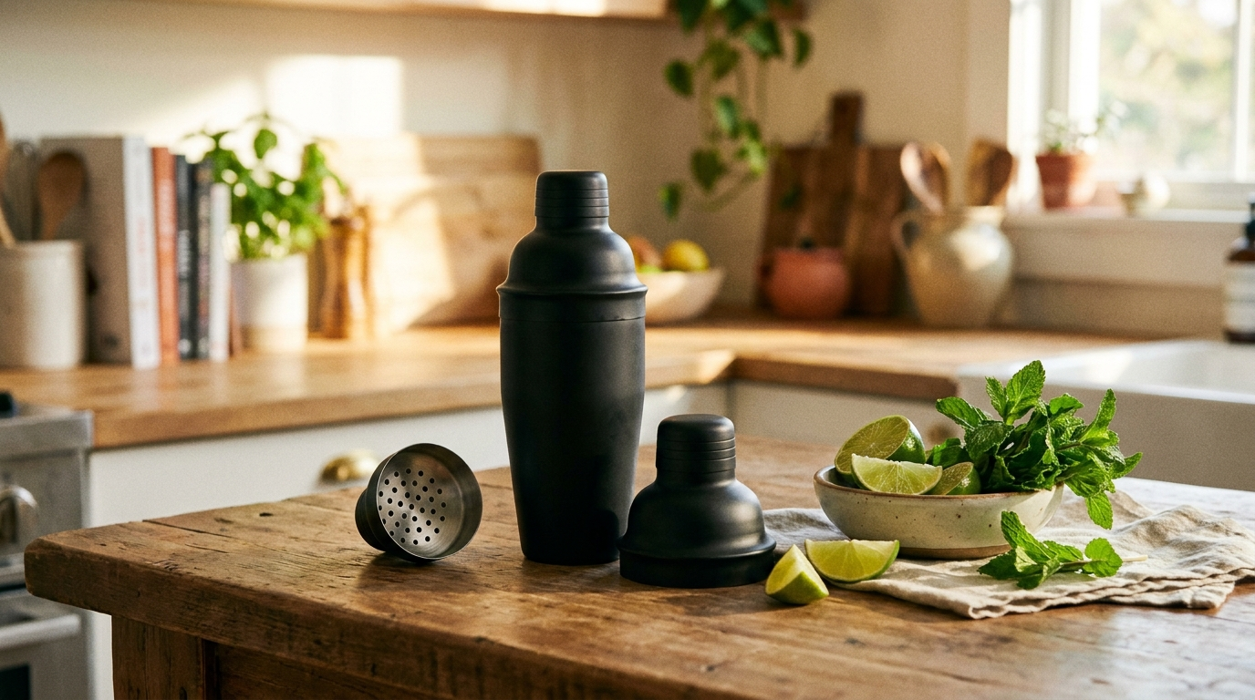 Mat zwarte cobbler shaker op een keukeneiland met de dop en ingebouwde zeef ernaast