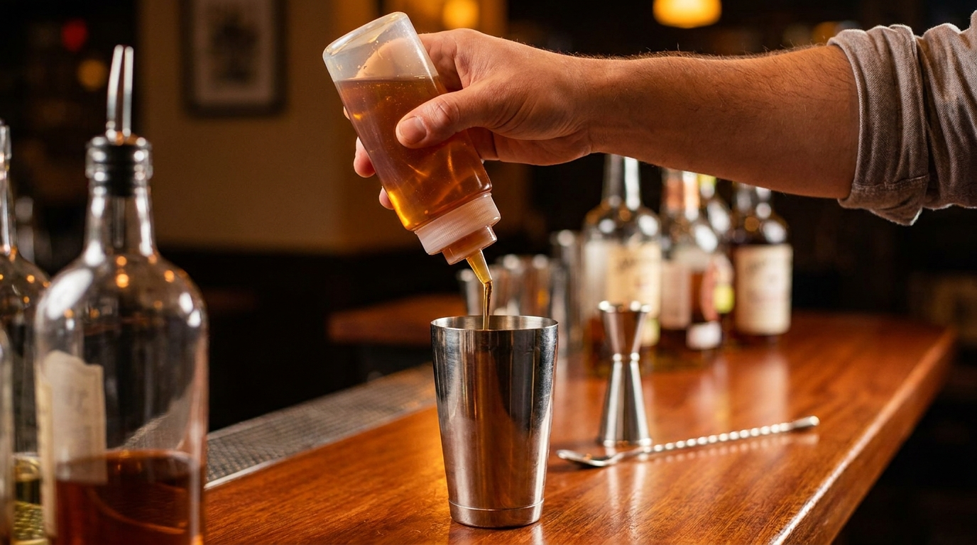 Siroop doseren uit een transparante knijpfles in een cocktailshaker