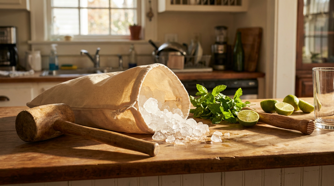 Canvas Lewis bag met crushed ice en een houten hamer op het aanrecht, met munt en limoen