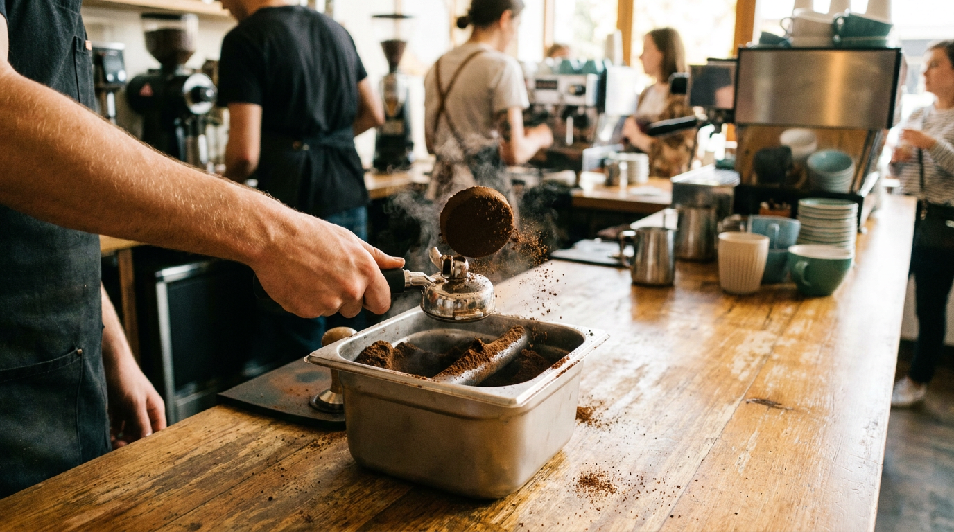Barista klopt de koffiepuck uit de filterdrager in een roestvrijstalen knockbox