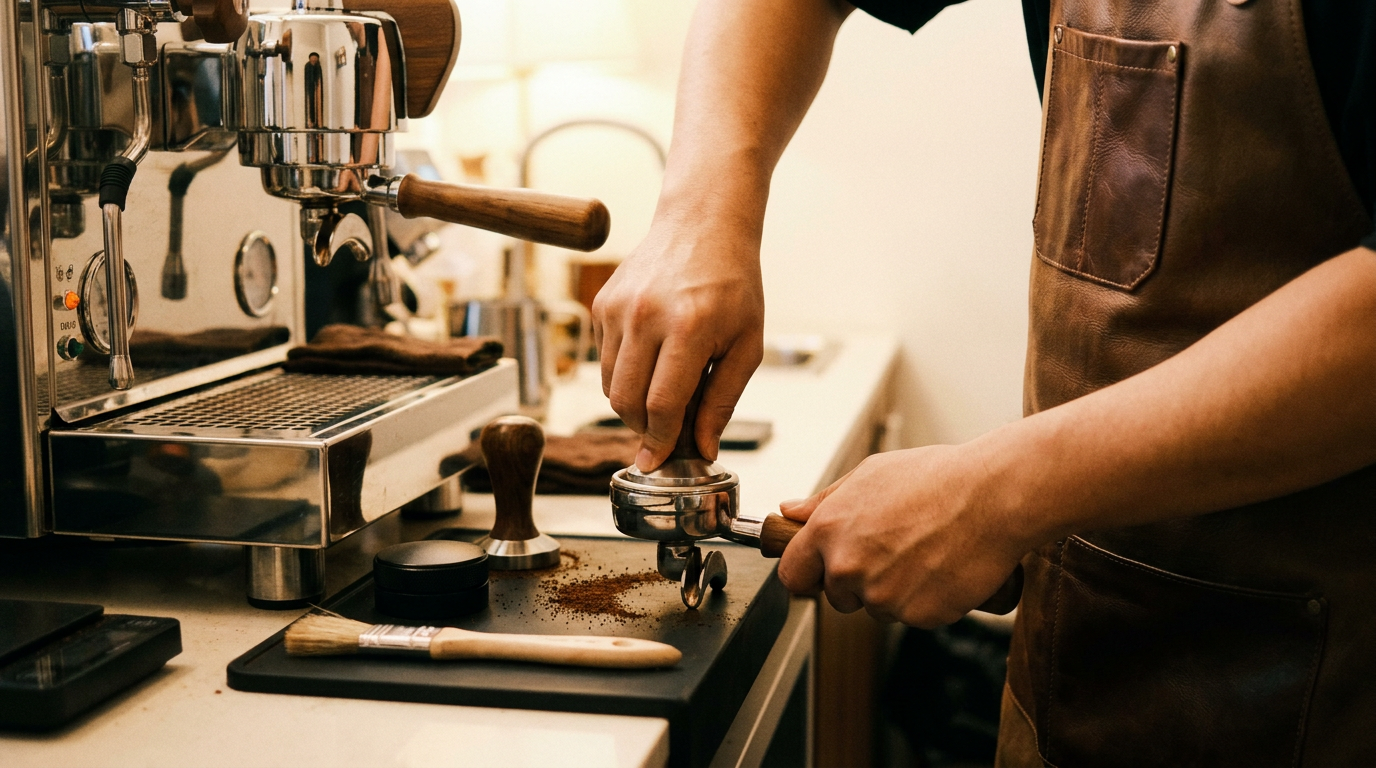 Barista drukt gemalen koffie aan in de filterdrager op een zwarte tampermat