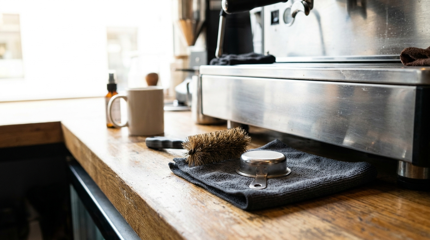 Groepborstel en blindfilter op de bar naast een espressomachine voor de dagelijkse backflush