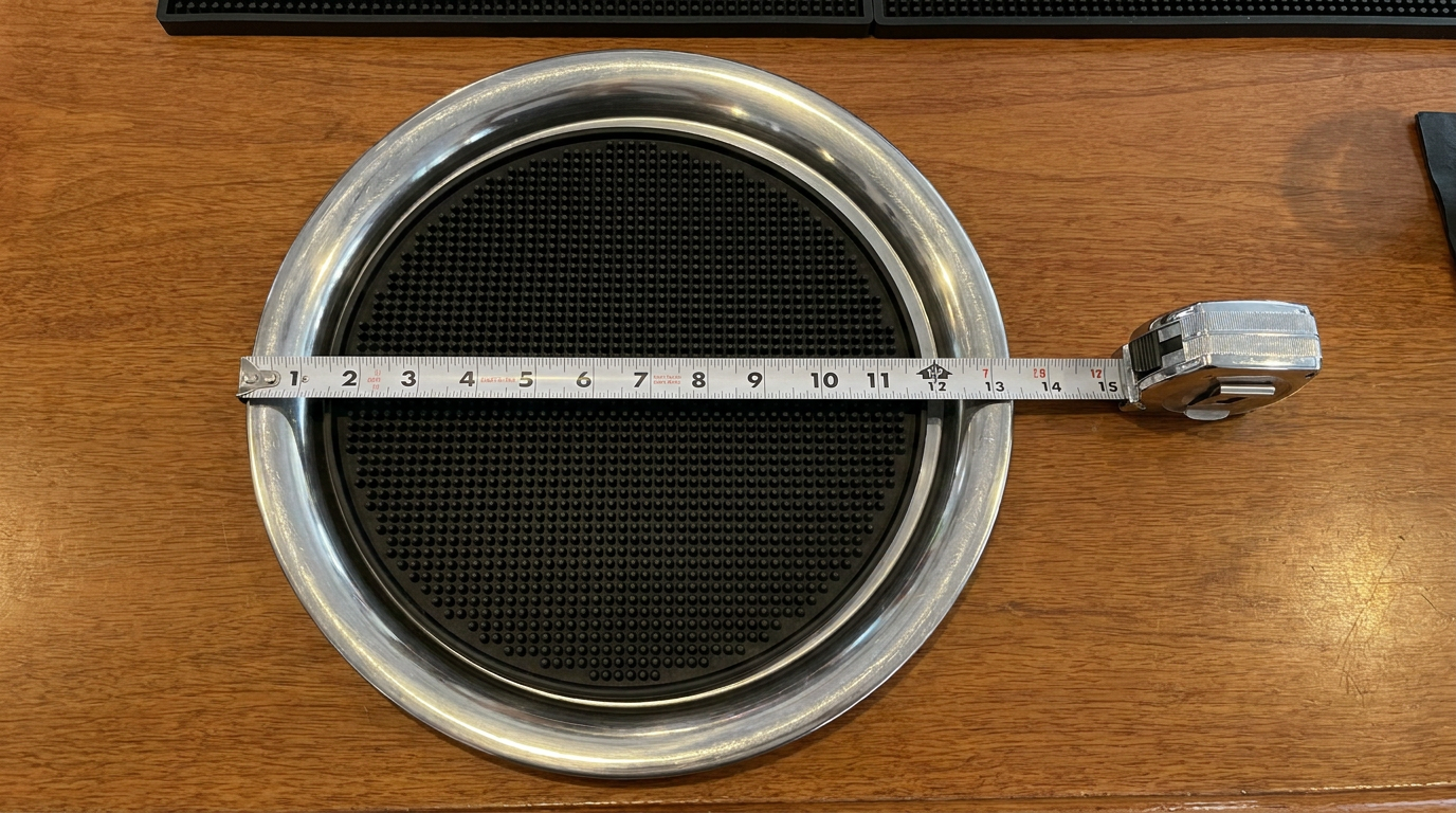 Ronde zwarte antislipmat in een roestvrijstalen dienblad met een meetlint ernaast