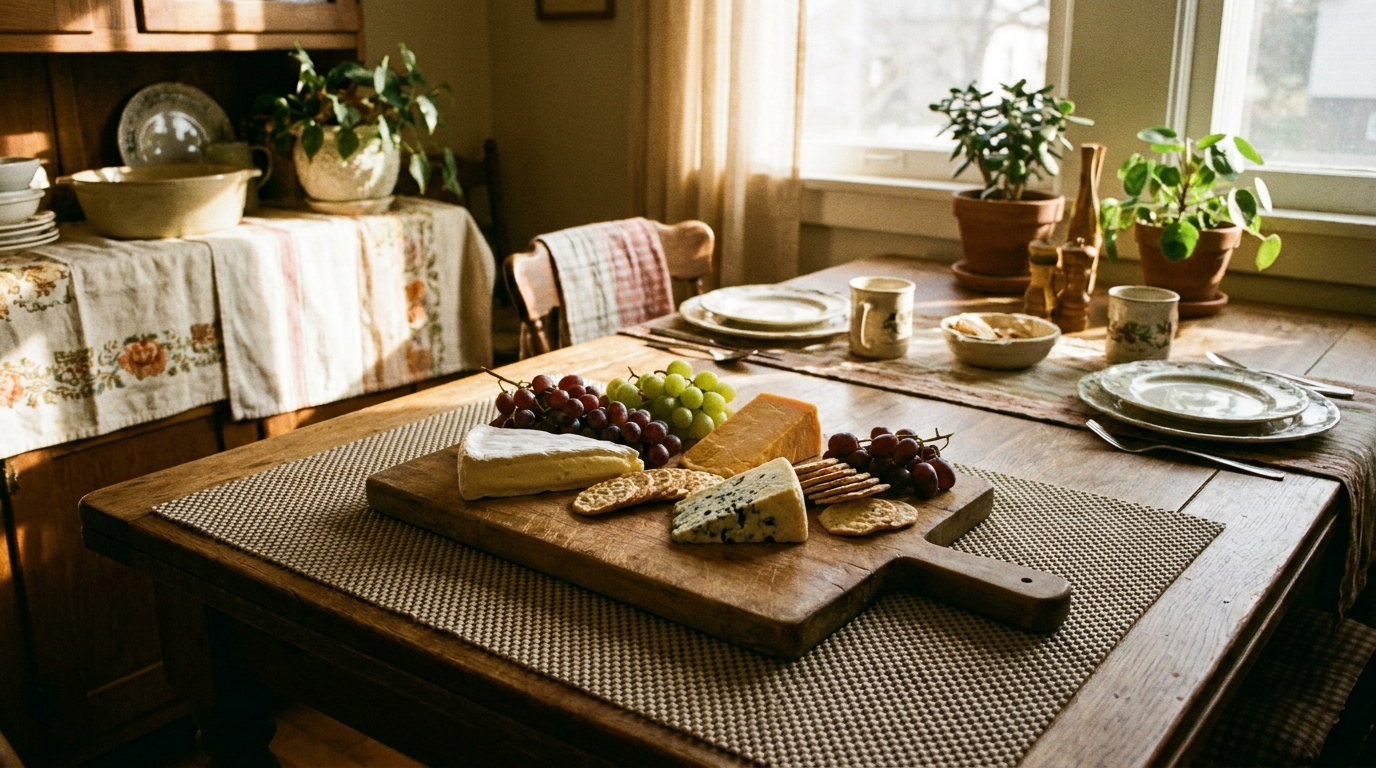 Antislipmat onder een houten serveerplank met kaas en druiven op de eettafel