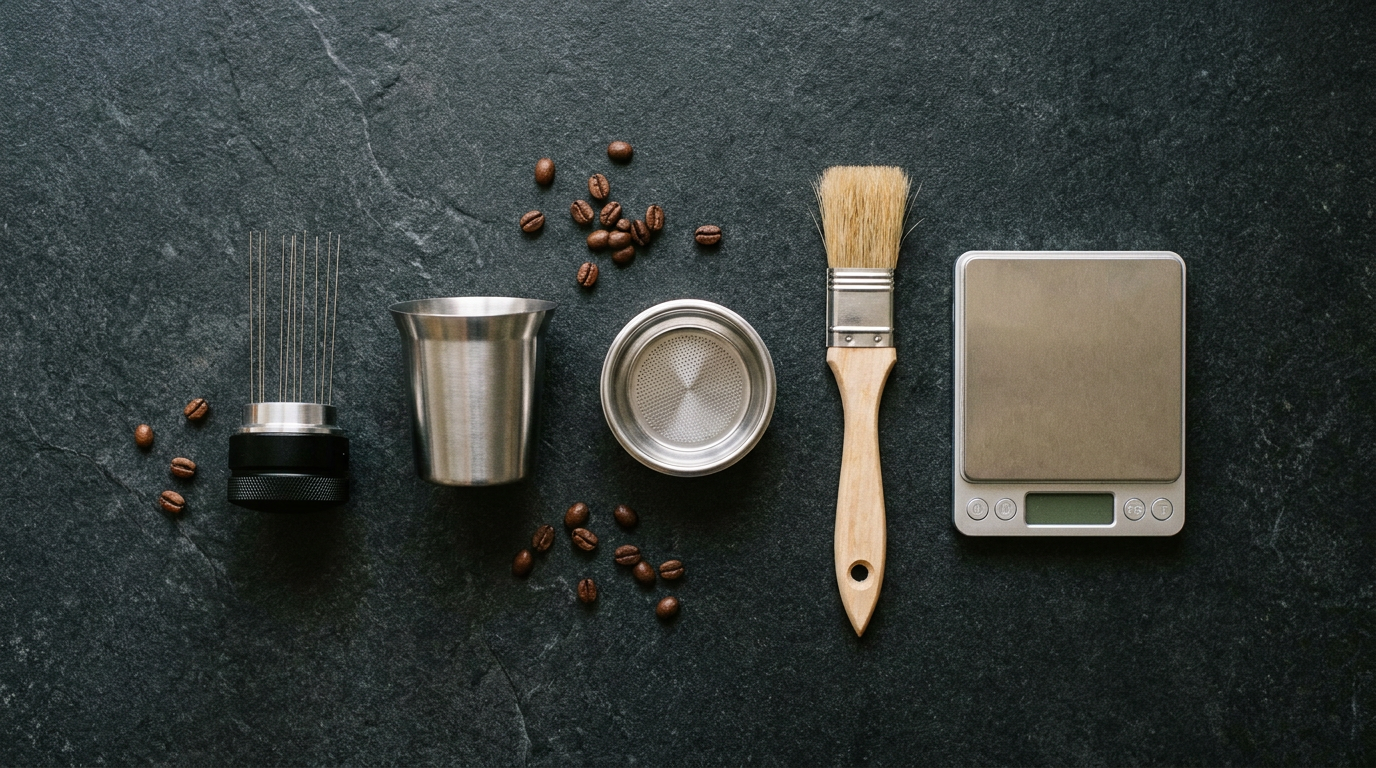 Barista tools op een rij: WDT-tool, doseerbeker, blindfilter, groepborstel en weegschaal
