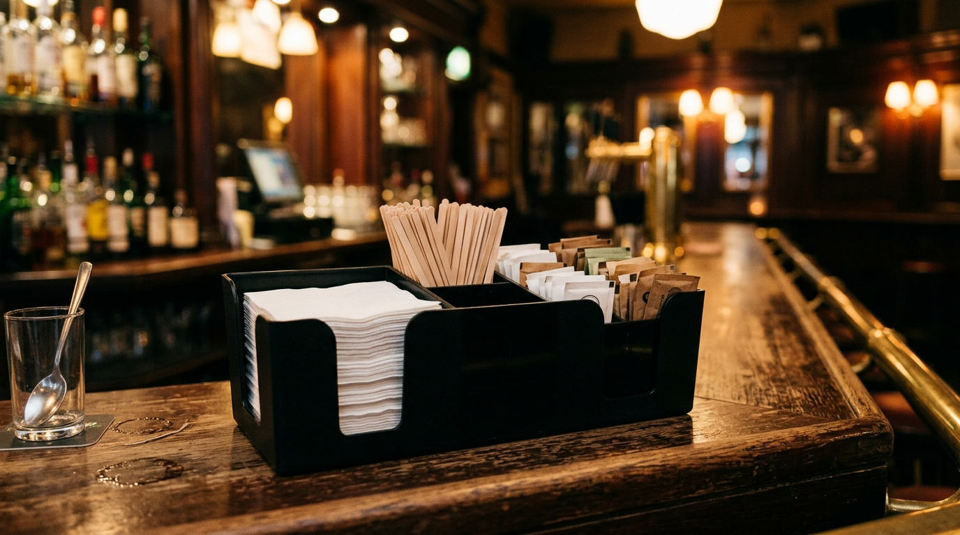 Zwarte servettenhouder met drie vakken voor servetten, roerstaafjes en suiker