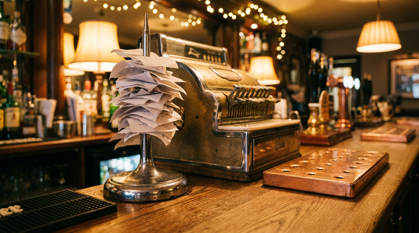 Chromen bonnenprikker met afgehandelde bonnen op de bar naast de kassa