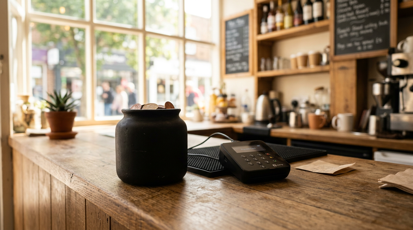 Zwarte fooienpot op de toonbank naast de pinautomaat met wat muntgeld erin