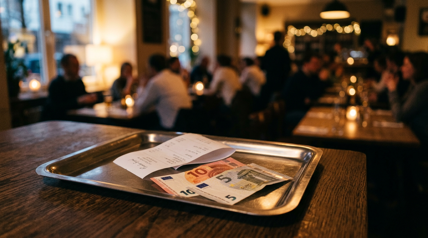 Roestvrijstalen rekeningschaaltje met bon en briefgeld op een restauranttafel
