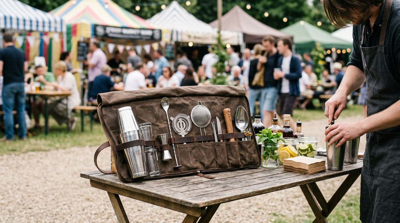Bartender roll uitgerold op een klaptafel bij een popup-bar op locatie