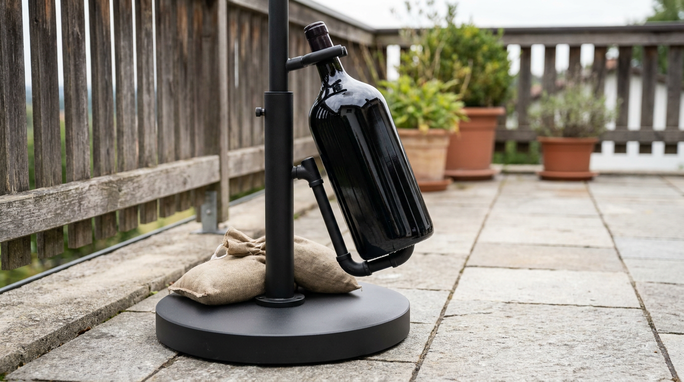 Zware zwarte aluminium wijnstandaard met magnumfles op een terras