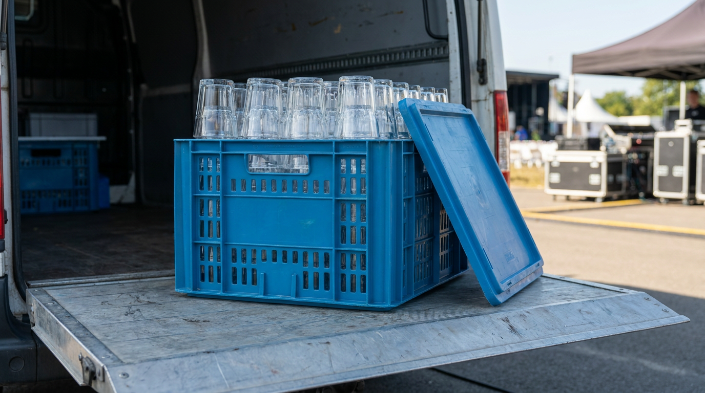 Blauwe glazenkrat vol schone glazen op de laadklep van een cateringbus met het deksel ernaast