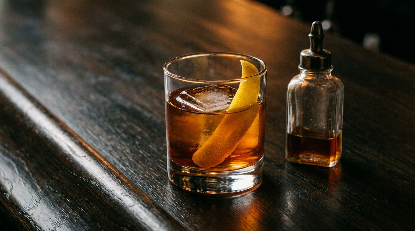 Sazerac cocktail in een tumbler met citroentwist en een dasher fles ernaast