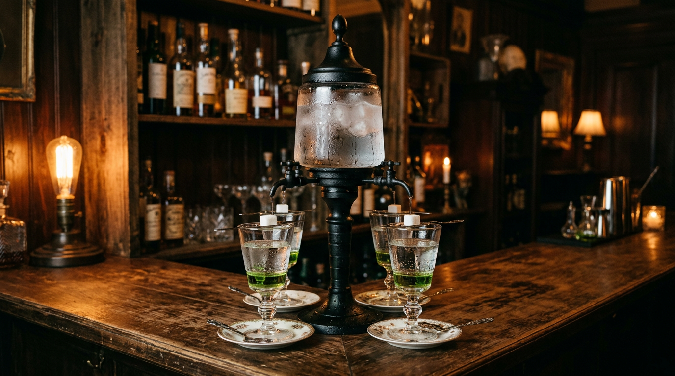 Zwarte absintfontein met vier kranen en ijswater op de bar met vier glazen eromheen