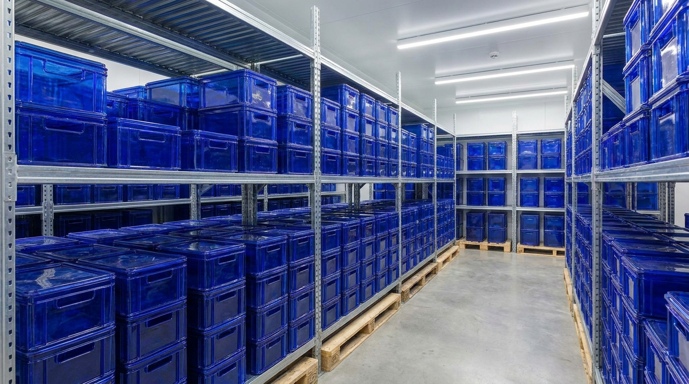 Gestapelde blauwe glazenkratten met deksels in een opgeruimde opslagruimte