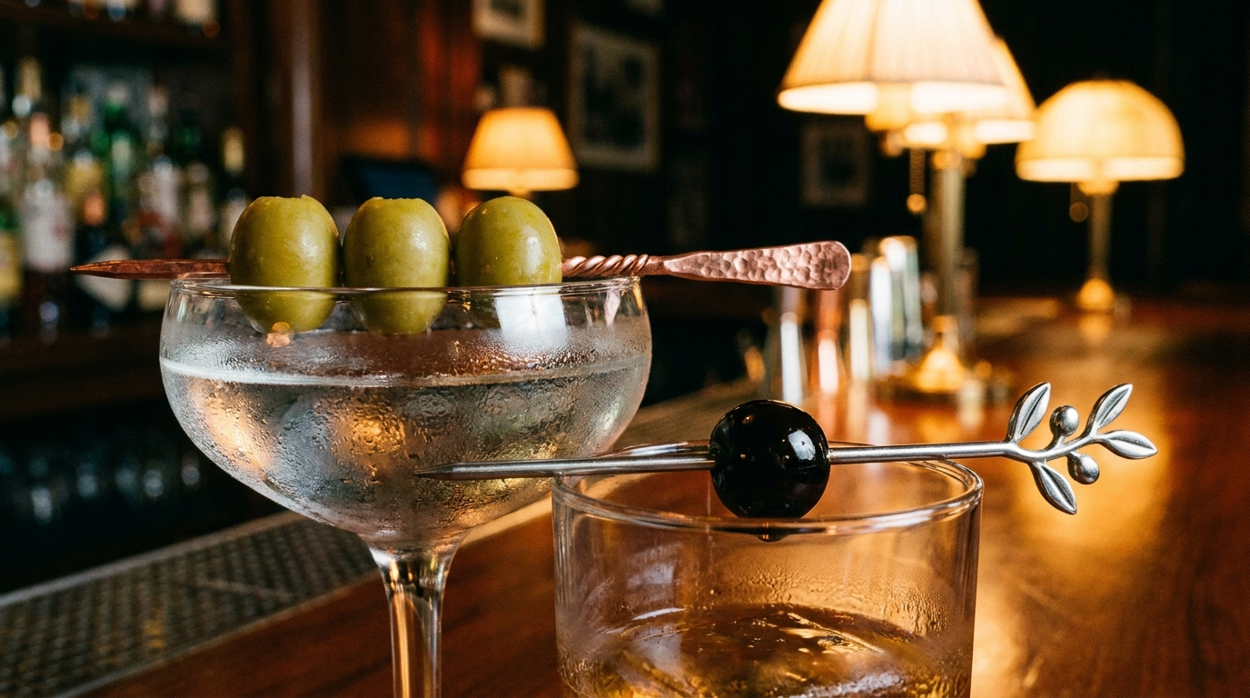 Herbruikbare cocktailprikkers met olijven en een kers over de rand van twee cocktailglazen