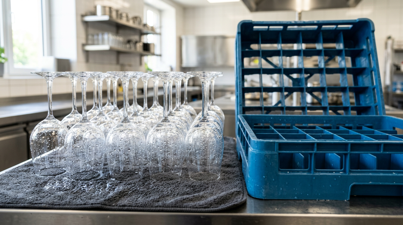 Schone wijnglazen drogen ondersteboven naast een open glazenkrat voordat ze worden opgeborgen