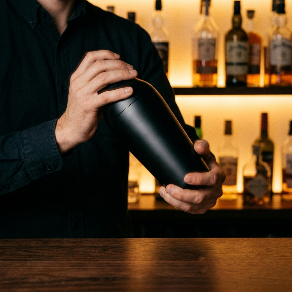 Bartender schudt de zwarte Parisian shaker van Bar Professional achter de bar