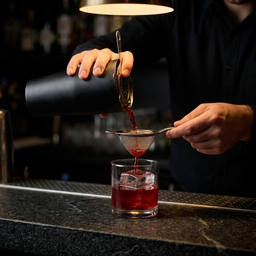 Cocktail wordt uit de zwarte Parisian shaker door een zeef in een tumbler geschonken