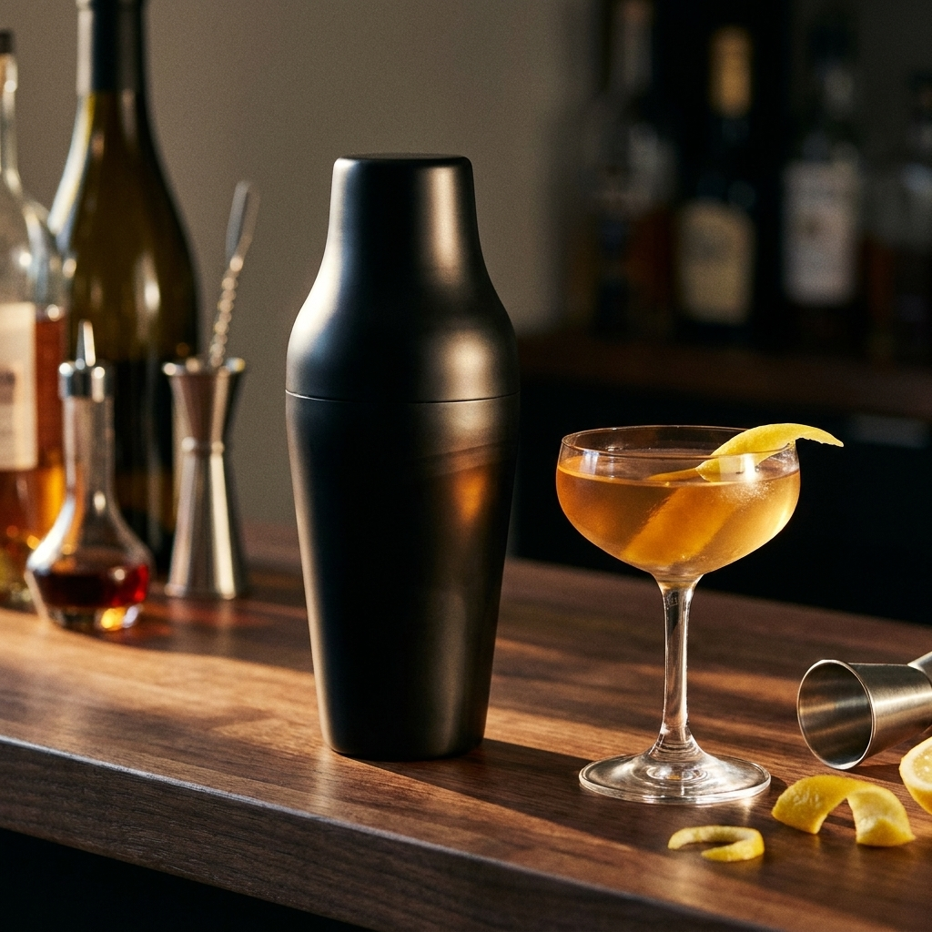 Zwarte Parisian shaker 65 cl op een houten bar naast een cocktail in een coupe glas