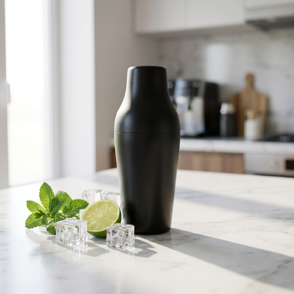 Zwarte Parisian cocktailshaker op een marmeren aanrecht met ijsblokjes, limoen en munt