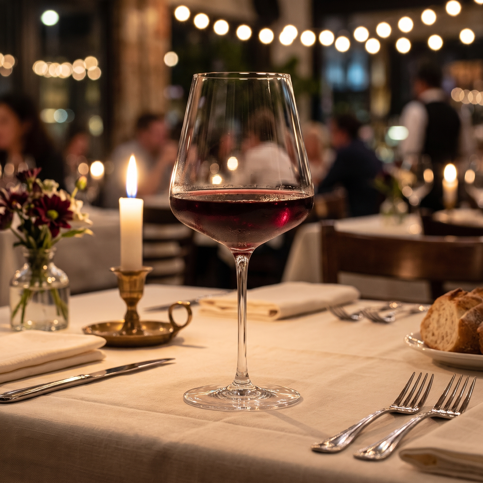 Spiegelau Definition bordeauxglas 75 cl met rode wijn op een gedekte restauranttafel