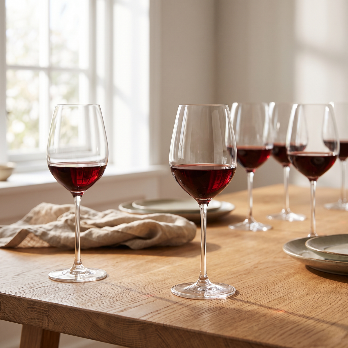 Fortissimo wijnglazen op een eikenhouten eettafel