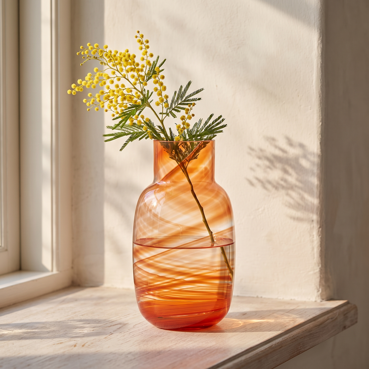 Koraal Waters vaas met mimosa in de vensterbank