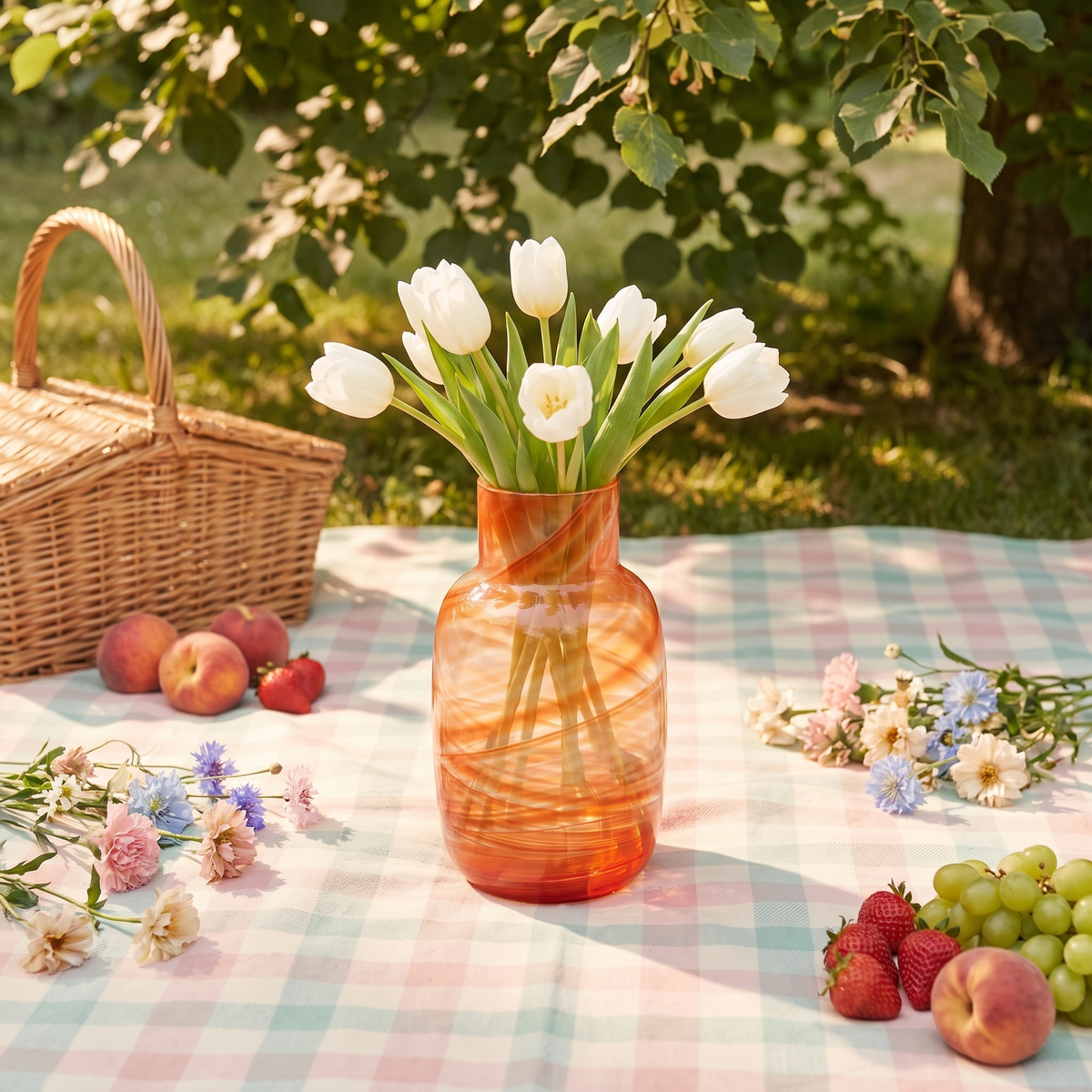 Koraal Waters vaas met tulpen op een picknickkleed