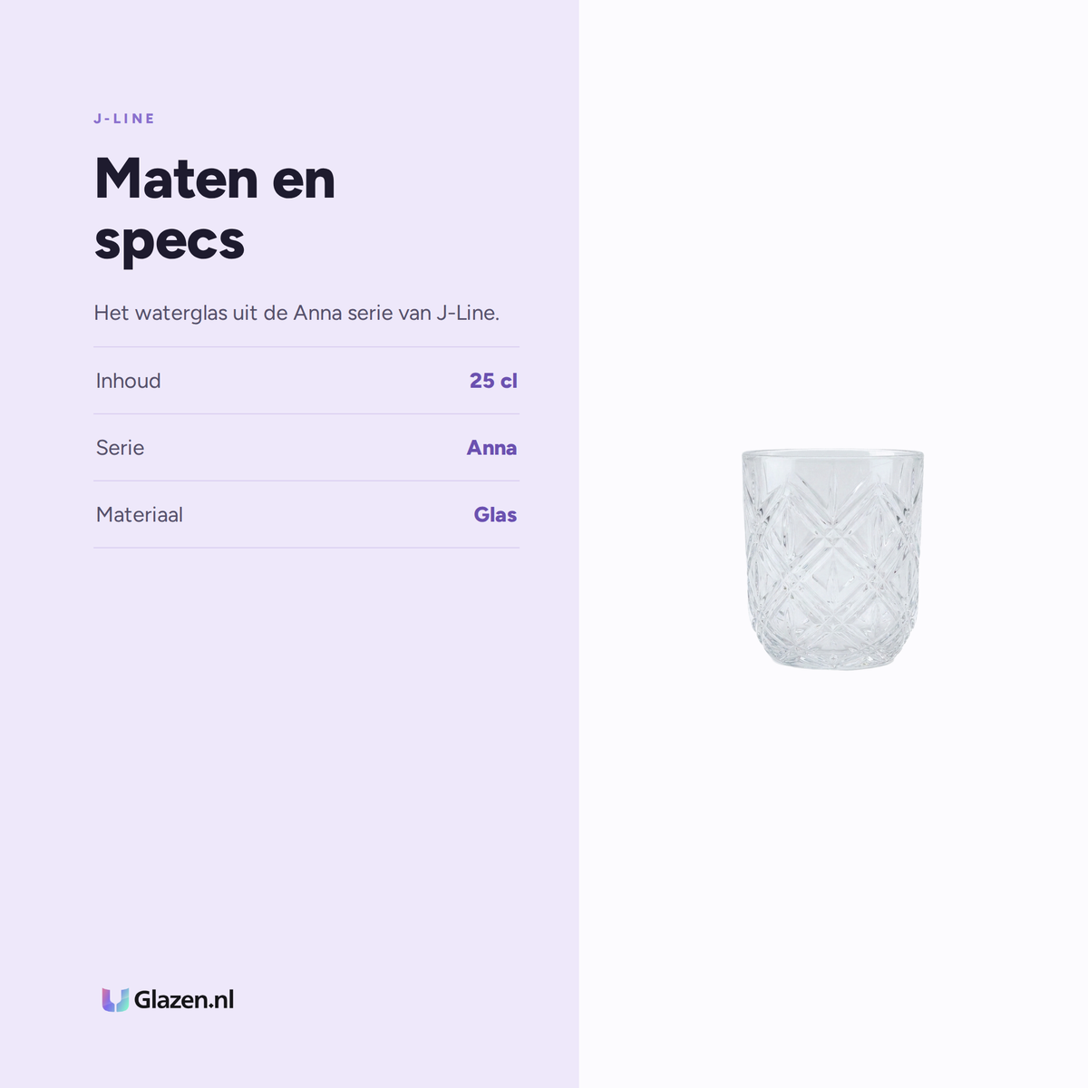Maten en specs van J-Line Anna Waterglas 25 Cl Laag Transparant