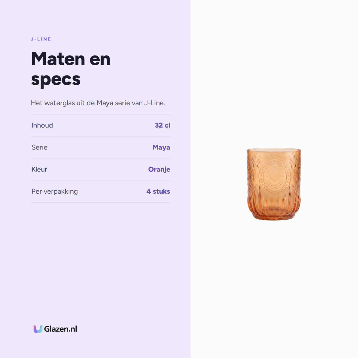 Maten en specs van J-Line Maya Waterglas 32 Cl Oranje