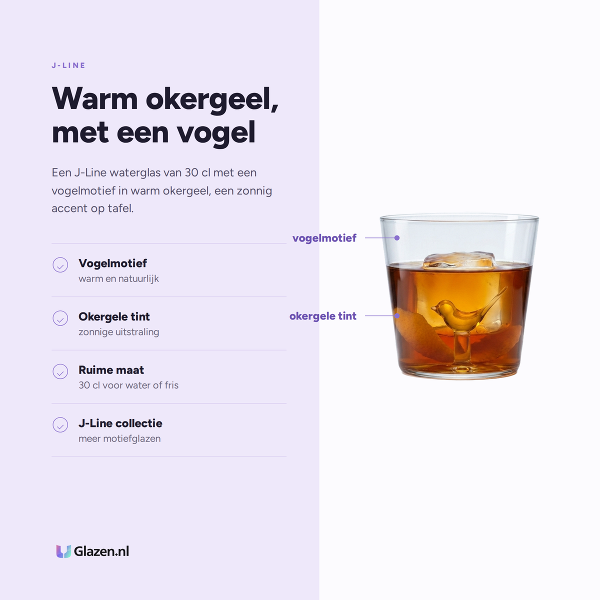 Eigenschappen van J-Line Waterglas 30 Cl Vogel Okergeel/Transparant
