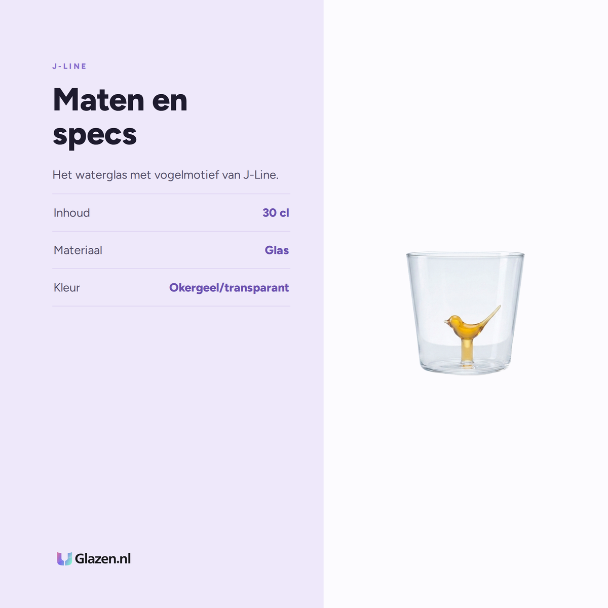 Maten en specs van J-Line Waterglas 30 Cl Vogel Okergeel/Transparant
