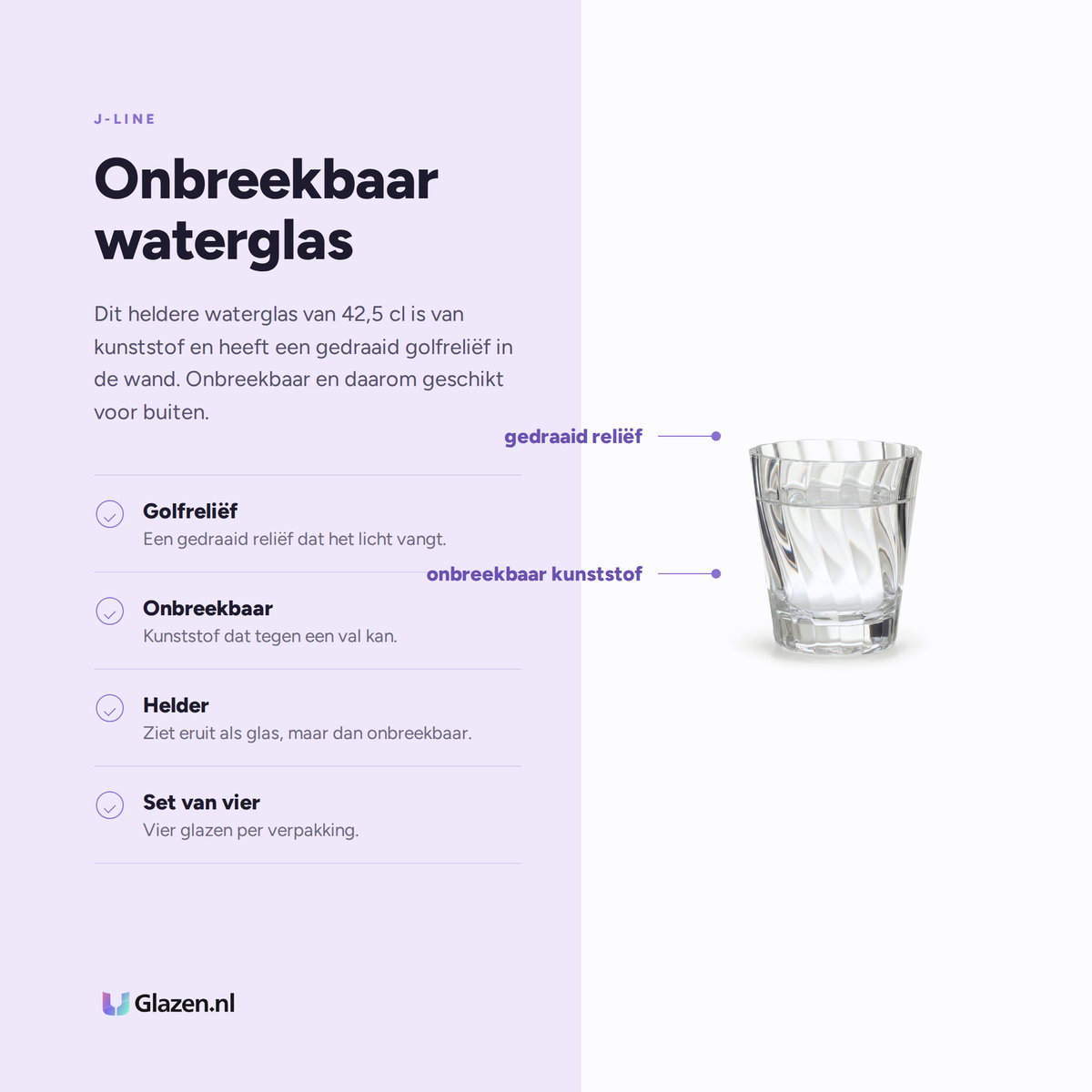 J-Line Waterglas 42,5 Cl Onbreekbaar Transparant - 4 Stuks eigenschappen