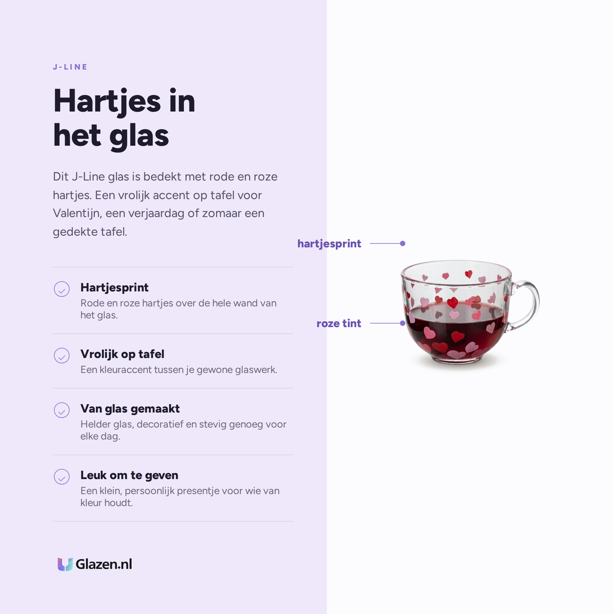 Eigenschappen van J-Line Waterglas Hart Rood en Roze