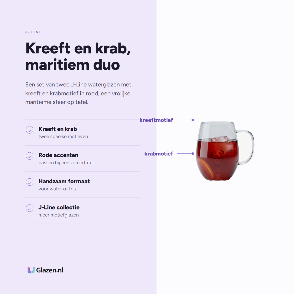 Eigenschappen van J-Line Waterglas Kreeft/Krab Transparant/Rood Assorti