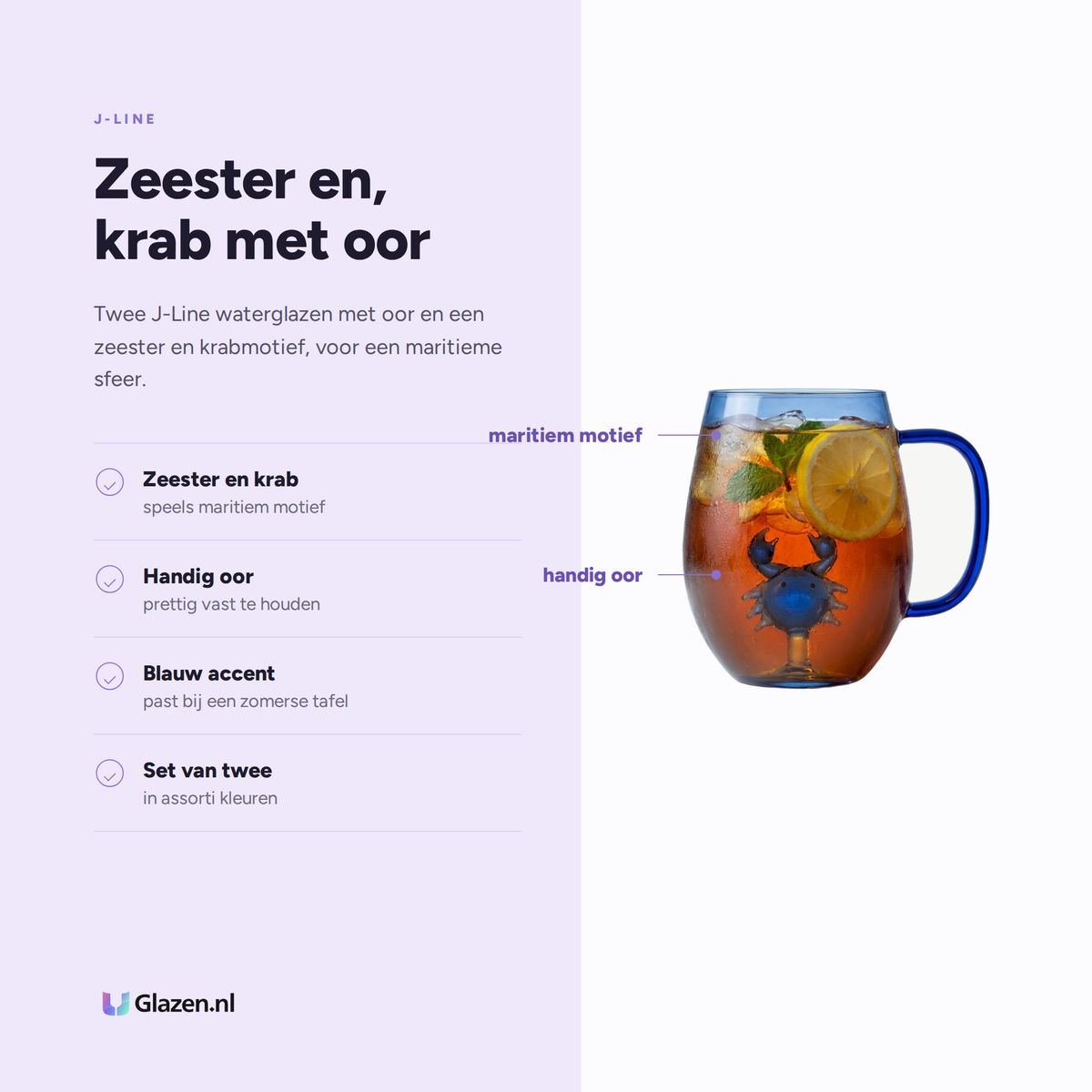 Eigenschappen van J-Line Waterglas Zeester/Krab met Oor Blauw/Transparant Assorti