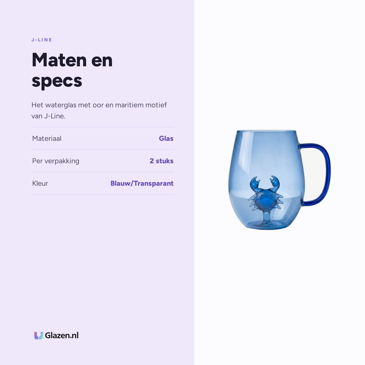 Maten en specs van J-Line Waterglas Zeester/Krab met Oor Blauw/Transparant Assorti