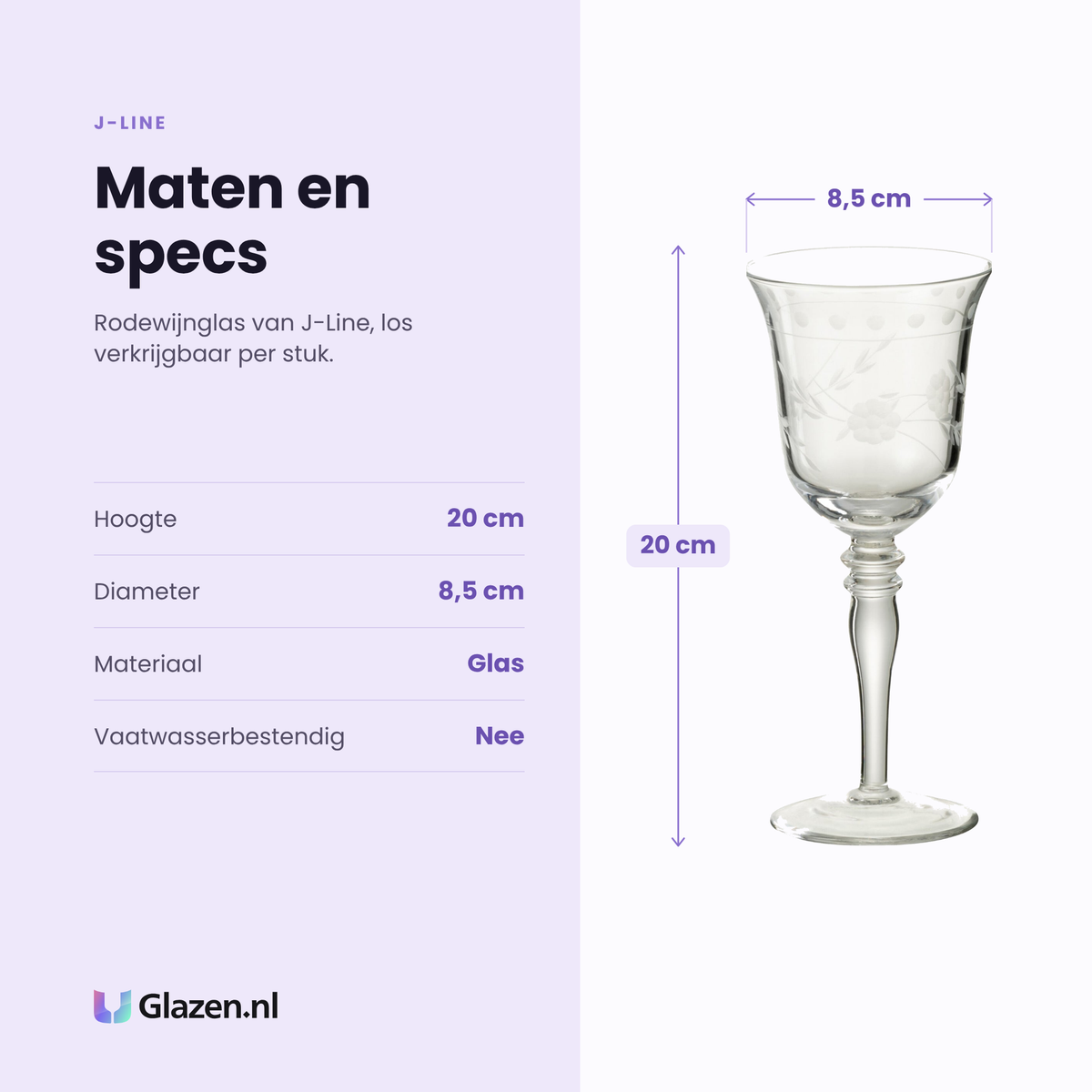 J-Line rodewijnglas gegraveerd specificaties: hoogte 20 cm, diameter 8,5 cm, glas, los per stuk