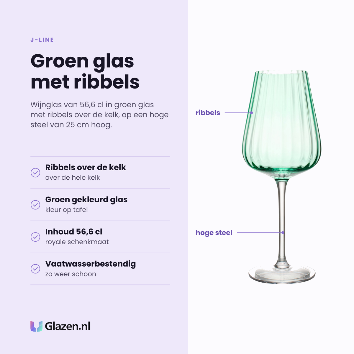 J-Line wijnglas 56,6 cl geribbeld groen eigenschappen: ribbels over de kelk, groen gekleurd glas, inhoud 56,6 cl, vaatwasserbestendig