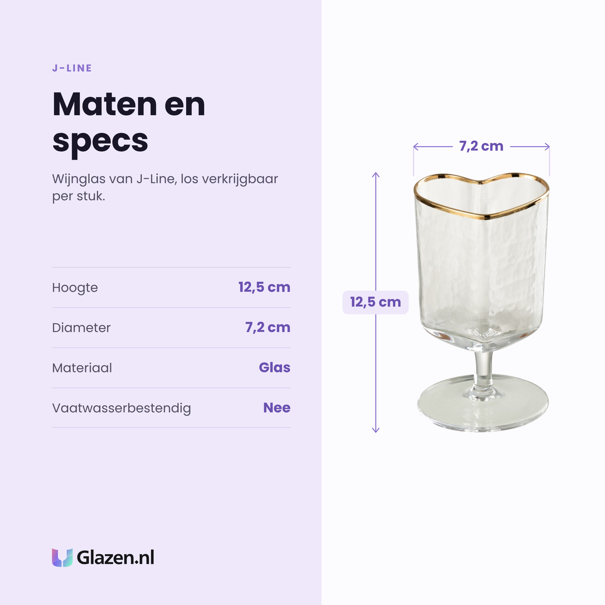 J-Line wijnglas hart goud specificaties: hoogte 12,5 cm, diameter 7,2 cm, glas, los per stuk