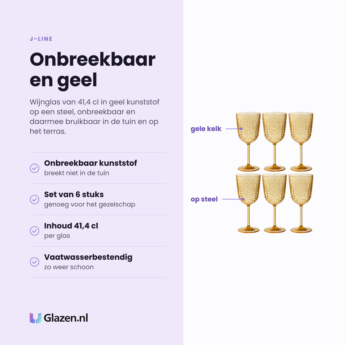J-Line wijnglas 41,4 cl eigenschappen: onbreekbaar kunststof, set van 6 stuks, inhoud 41,4 cl, vaatwasserbestendig