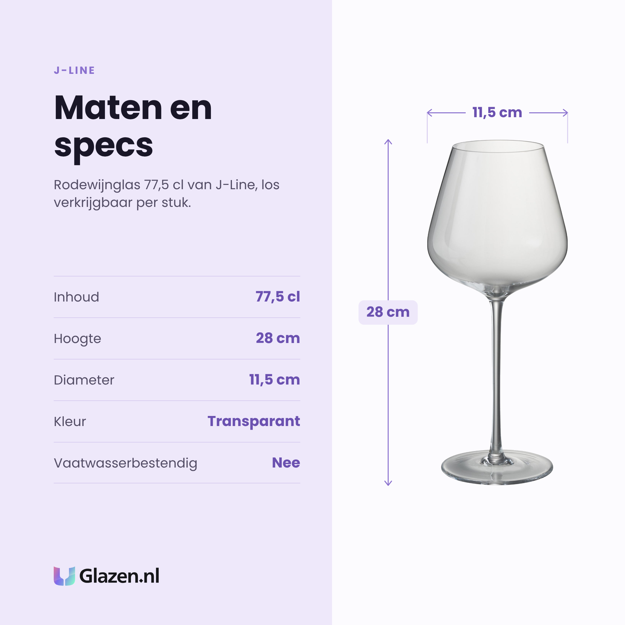 J-Line rodewijnglas 77,5 cl specificaties: inhoud 77,5 cl, hoogte 28 cm, diameter 11,5 cm, transparant, los per stuk