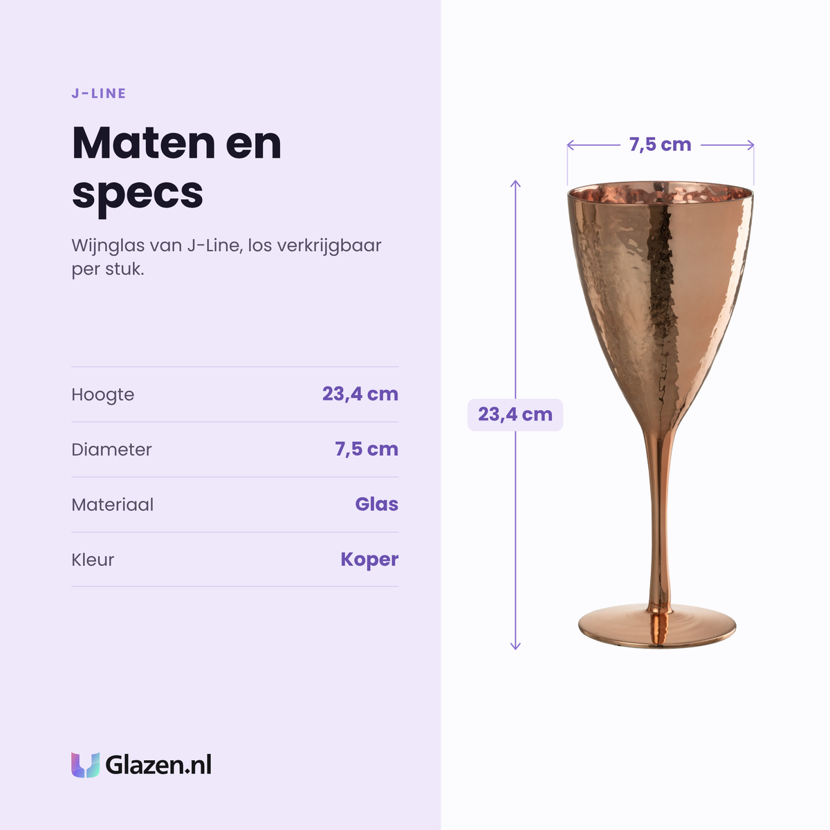 J-Line wijnglas spiegel koperkleurig specificaties: hoogte 23,4 cm, diameter 7,5 cm, glas, kleur koper, los per stuk