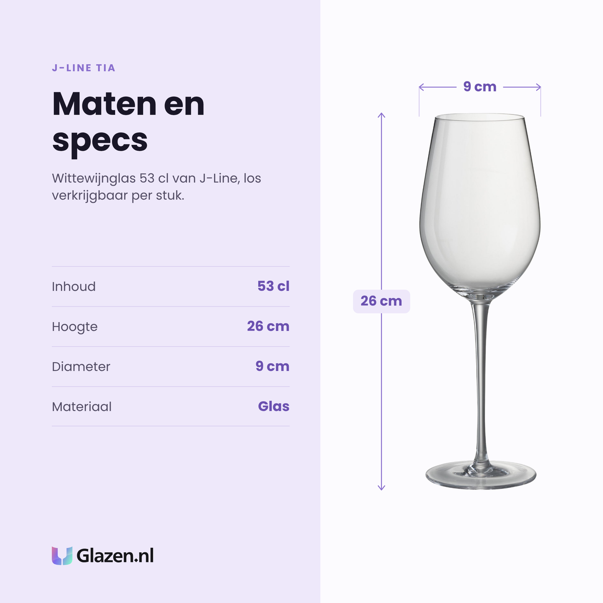 J-Line Tia wittewijnglas 53 cl specificaties: inhoud 53 cl, hoogte 26 cm, diameter 9 cm, glas, los per stuk