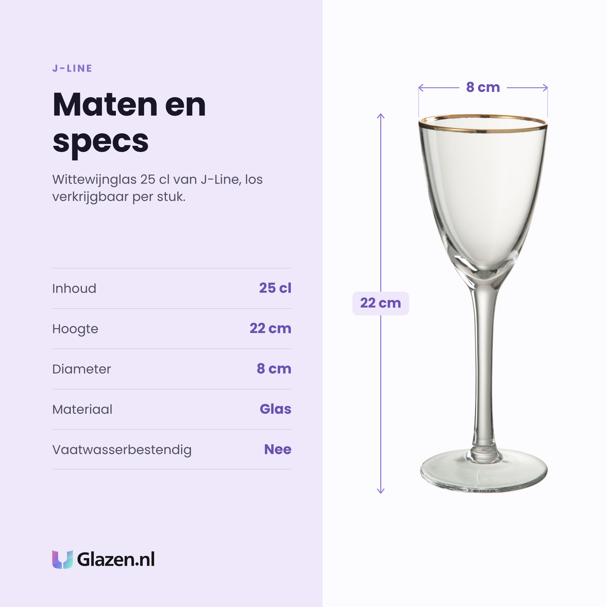 J-Line wittewijnglas 25 cl specificaties: inhoud 25 cl, hoogte 22 cm, diameter 8 cm, glas, los per stuk