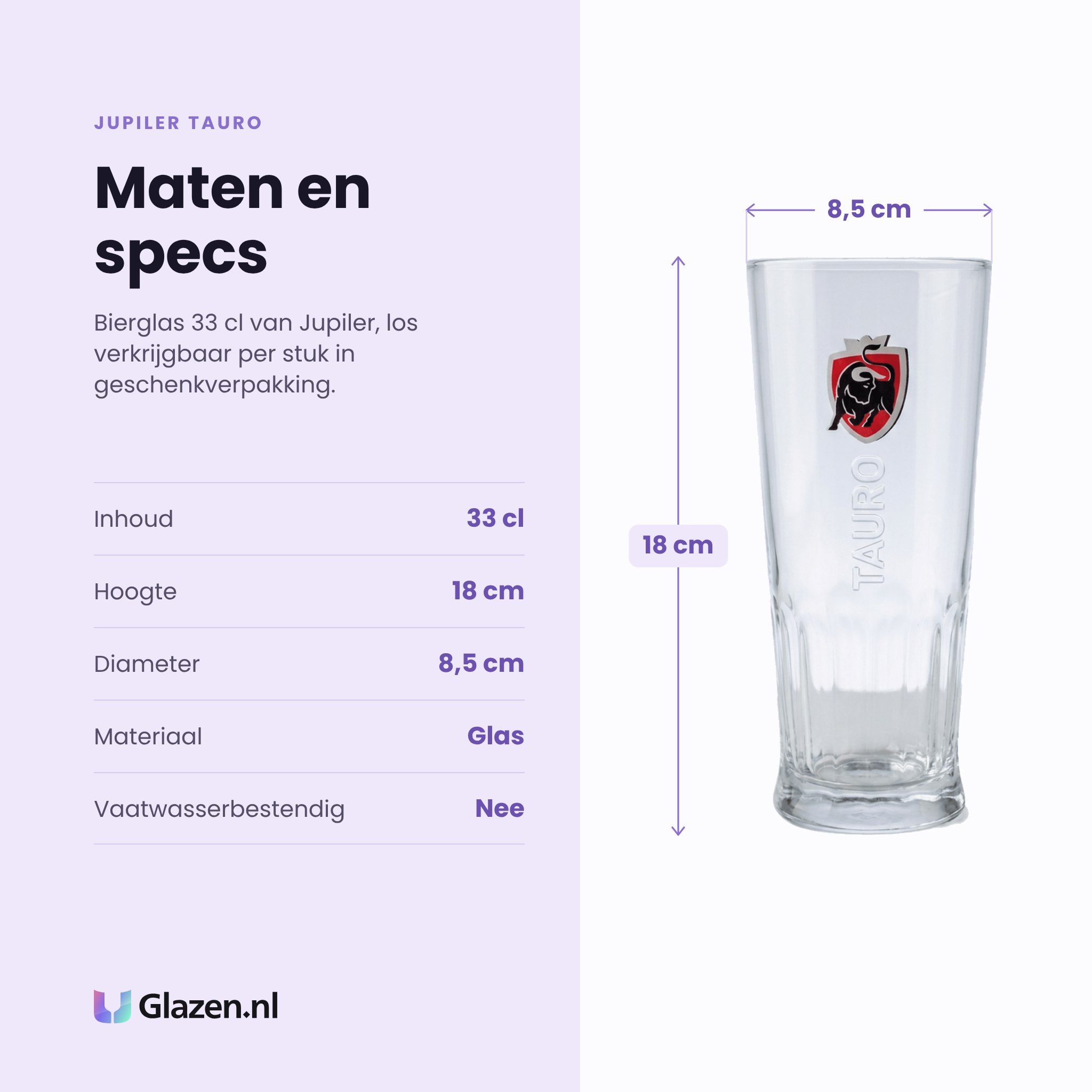 Jupiler Tauro bierglas 33 cl specificaties: inhoud 33 cl, hoogte 18 cm, diameter 8,5 cm, glas, los per stuk