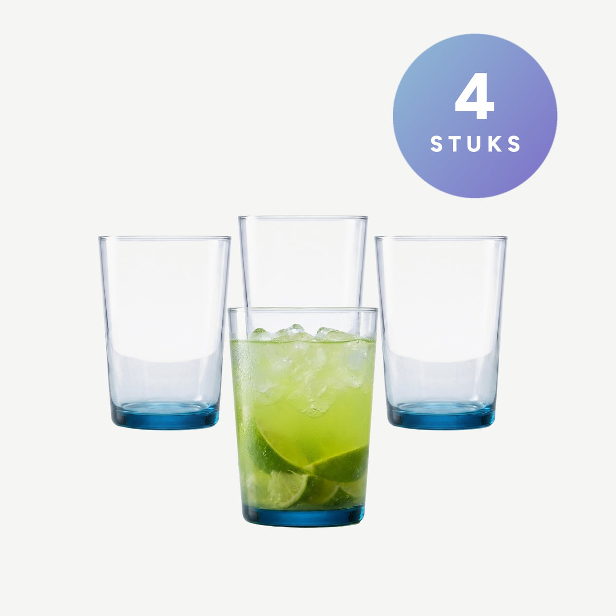 Set van 4 L.S.A. Coro tumblers van 56 cl met blauwe bodem, een glas gevuld met ijs en limoen